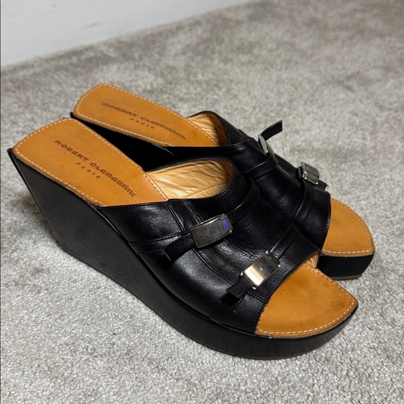 Robert Clergerie Black Leather Wedge Buckle Heel Size 10 - Picture 1 of 6